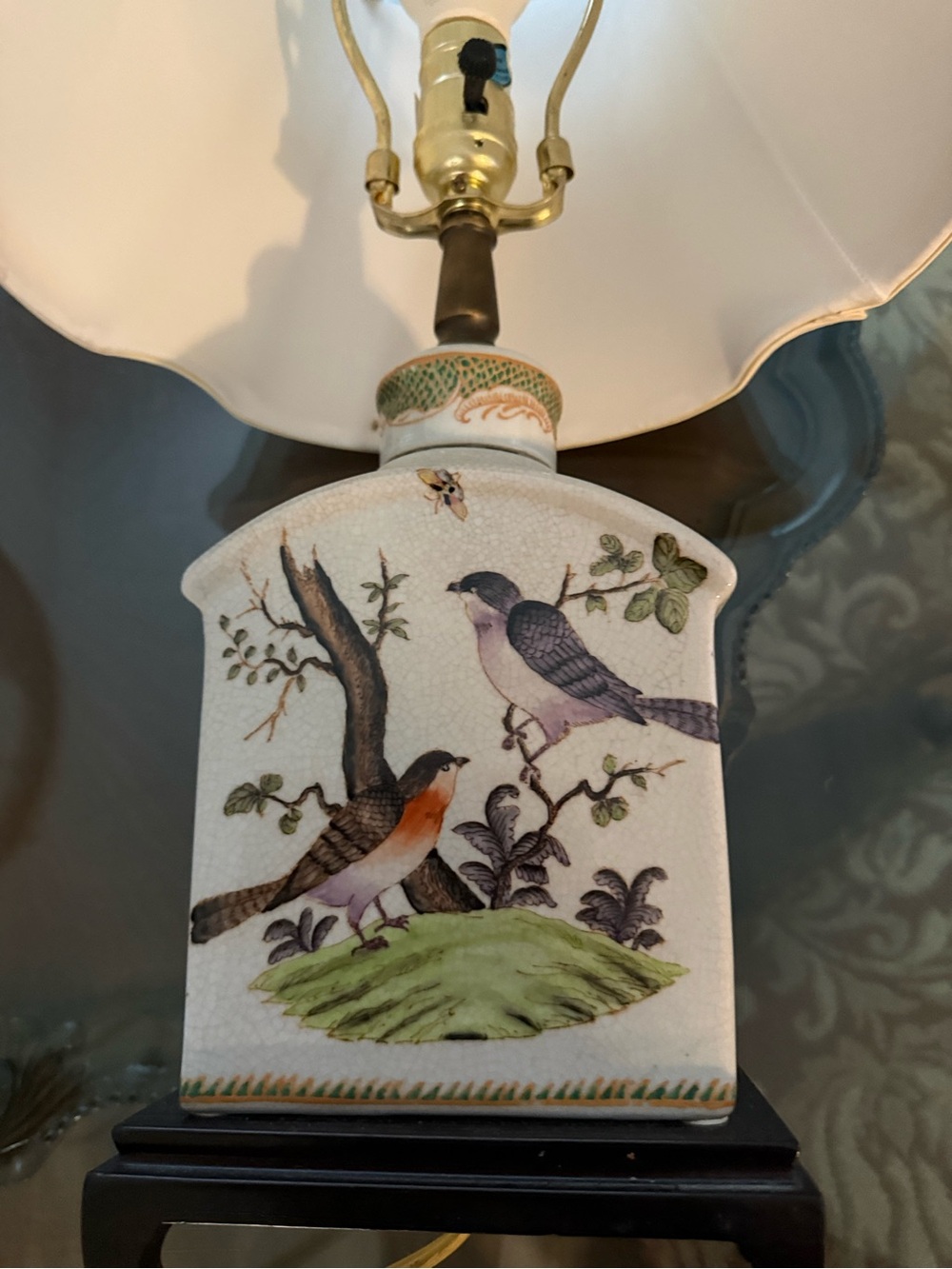 Hand-Painted Ceramic Bird Table Lamp - White with Green Accents